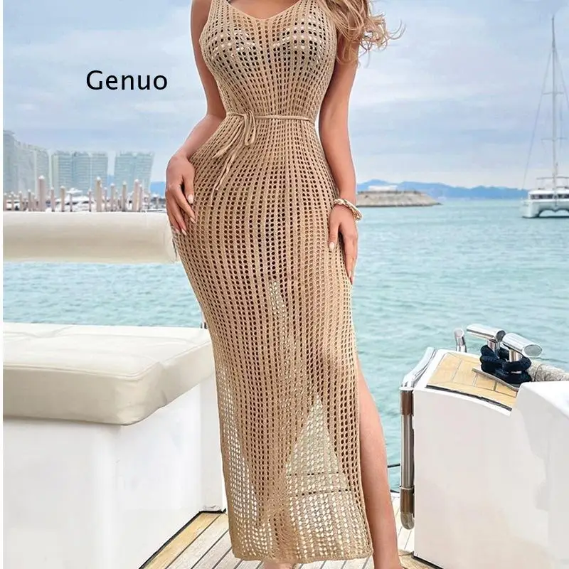 

Hollow Out Bandage Sexy Split Beach Skirt Spaghetti Strap Top and Long Skirt Beach Summer Long Skirts 2022 Women Knitted Skirt