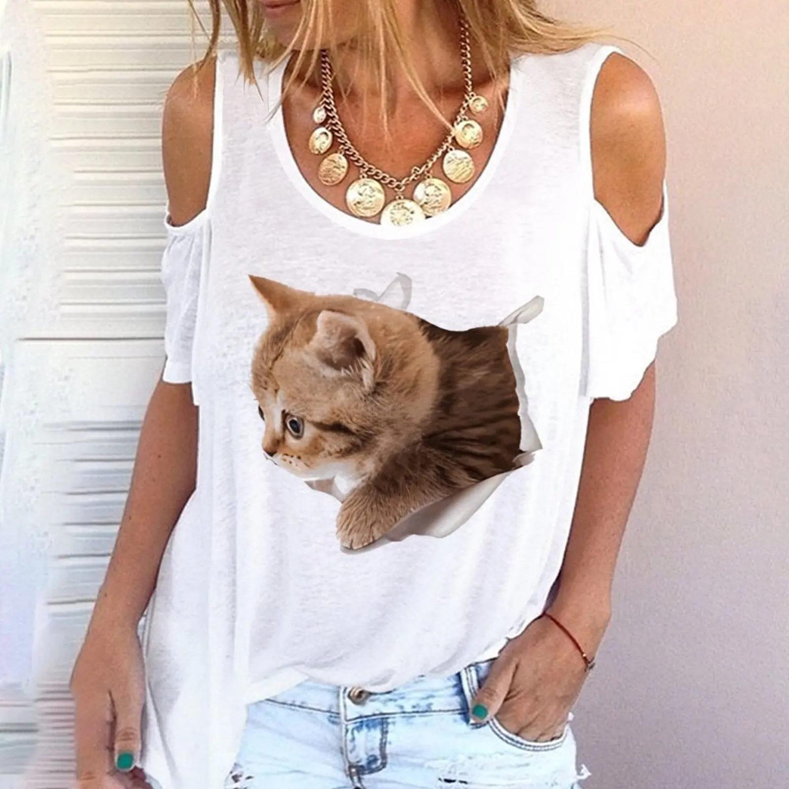 

2022 Summer Women's sexy white stitching top Fashion hollow-out short sleeve T-shirt street casual shoulder