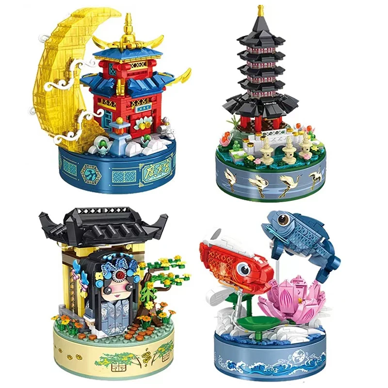 

Chinese Architecture Music Box Building Blocks Moon Palace West Lake Tower Bricks With Lights Toys for Children New Year Gift