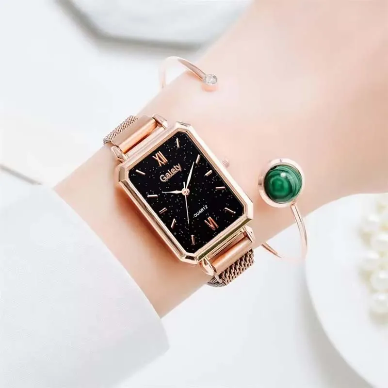 High Quality Fashionable And Versatile Green Bracelet, Alloy Mesh Strap, Korean Version Square Head Women's Watch