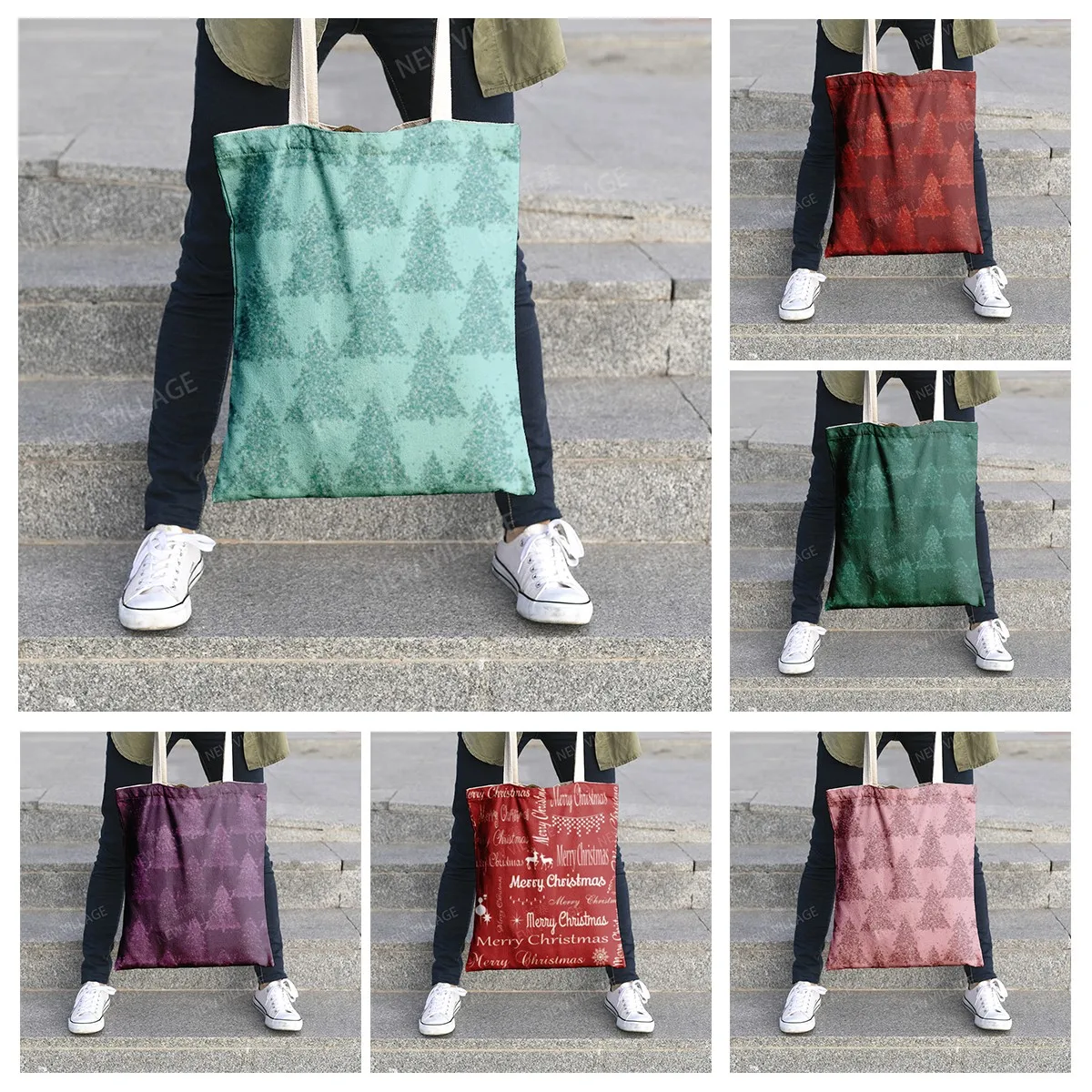 

Холщовая Сумка на плечо, органайзер для хранения косметики, дорожная Женская сумочка для шоппинга с принтом для празднования Рождества