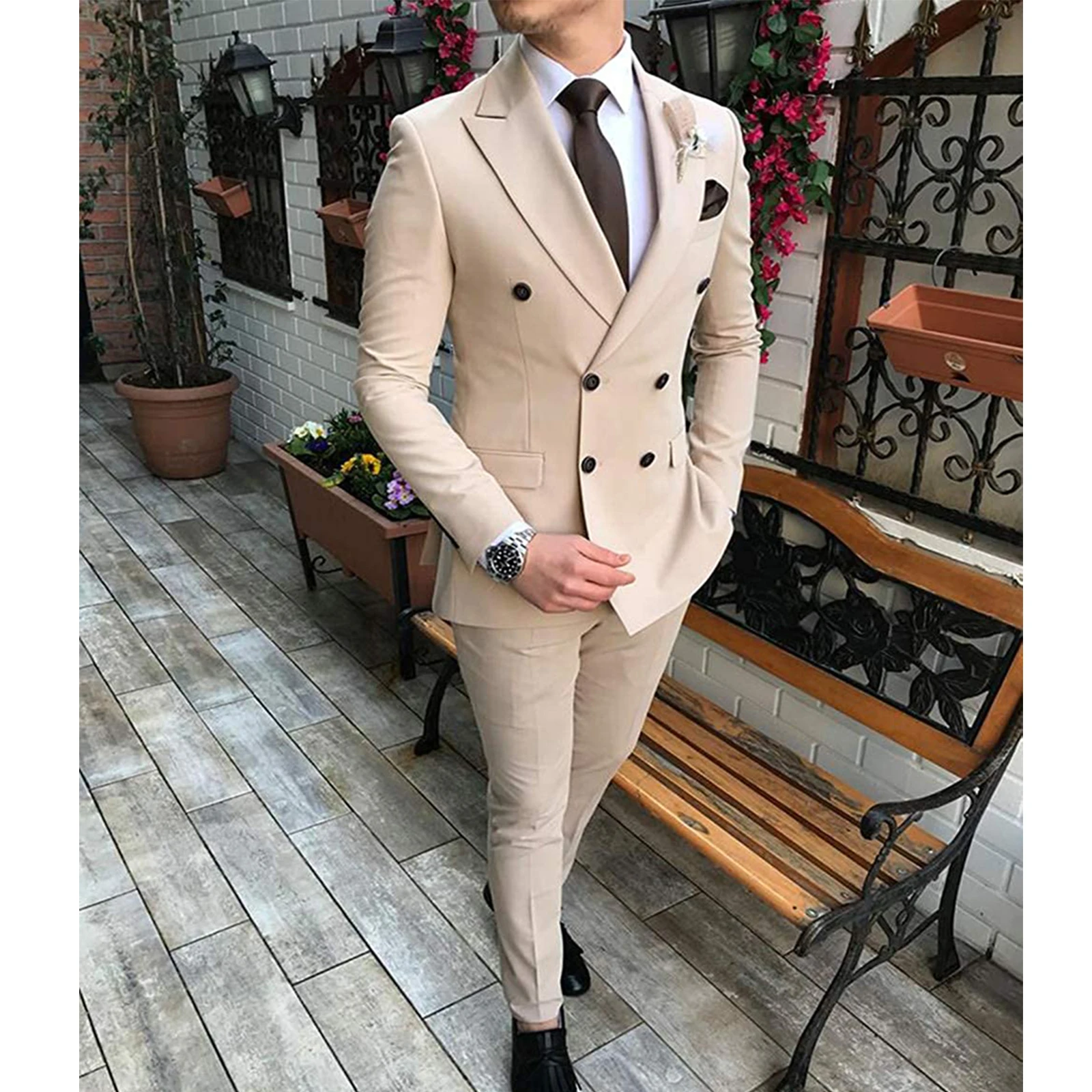 Beige Men's Suit 2 PCS Double-Breasted Notch Lapel Flat Slim Fit Casual Tuxedos For Wedding costume homme italien(Blazer+Pants)
