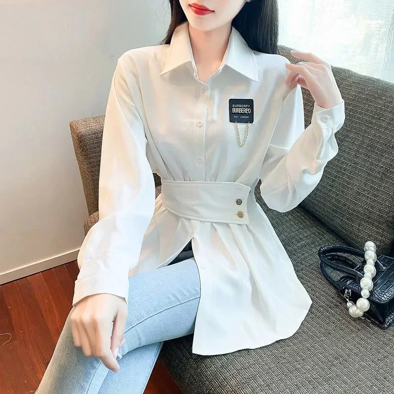 

Women's Vintage Chic Slim Fit Black White Long Sleeve Button Up Shirt 2023 Spring Autumn Fashion Elegant Office Lady Blouse Tops