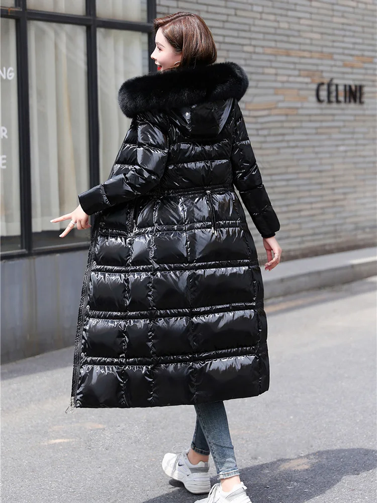 New Women Wash Free Glossy Surface Down Coat Winter Fashion Real Fox Fur Collar Drawstring Waist Thicken Warm Long Down Jacket