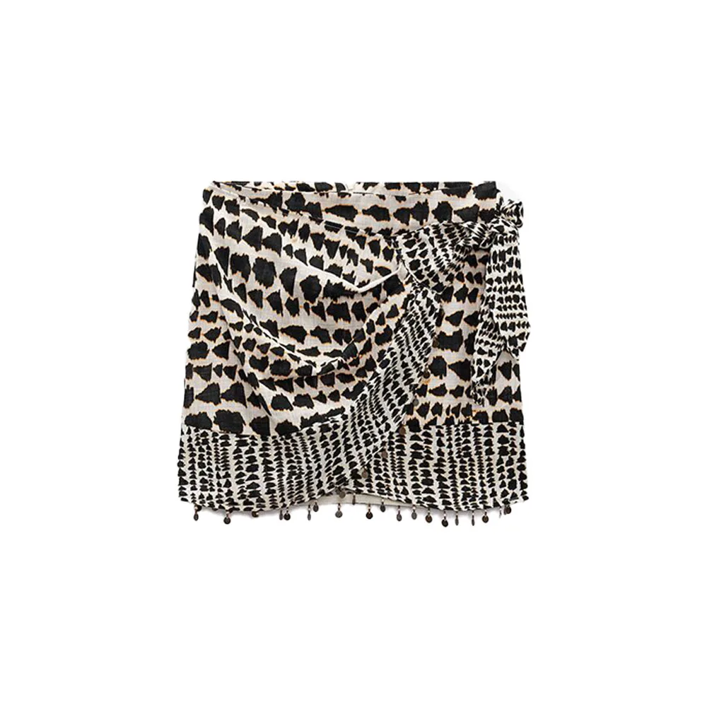 

Zach Aiisa Summer New High Quality Women's Beach Vacation Wind Wrap Mini Skirt Beaded Tassel Vintage Print High Waist Skirt