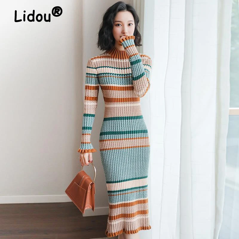 Купи Women Sexy Bodycon Knitted Long Sleeve Midi Dresses Casual 2022 Summer Autumn Korean Fashion Striped Turtleneck Pullover Dress за 1,581 рублей в магазине AliExpress