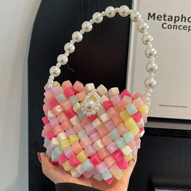 

Fashion Crossbody Bags Women's Vintage INS Colorful Knitted Beaded Bag Mini Versatile Lipstick Handbag сумки женские новинки2023
