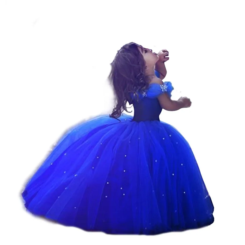 

Mum and Me Off Shoulder Kids Blue Beading Noble Puffy Flower Girls Birthday Party Dresses for Children 2 to 15 Years Old