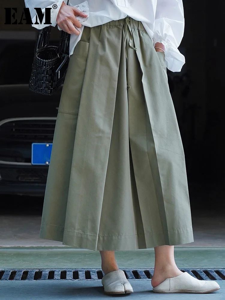 

[EAM] Women Dark Green Pleated Lace-up Half-body Skirt High Elastic Waist Loose Fashion Tide New Spring Autumn 2023 1DF9531