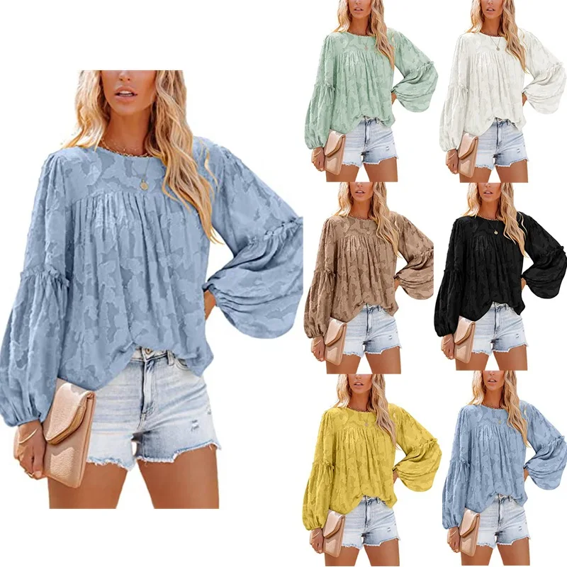 

Chiffon Printed Shirt Lantern Sleeve Lace Hollowed Blouse Loose Casual Long-sleeved Tops 2023 Spring and Autumn New Top Clothing