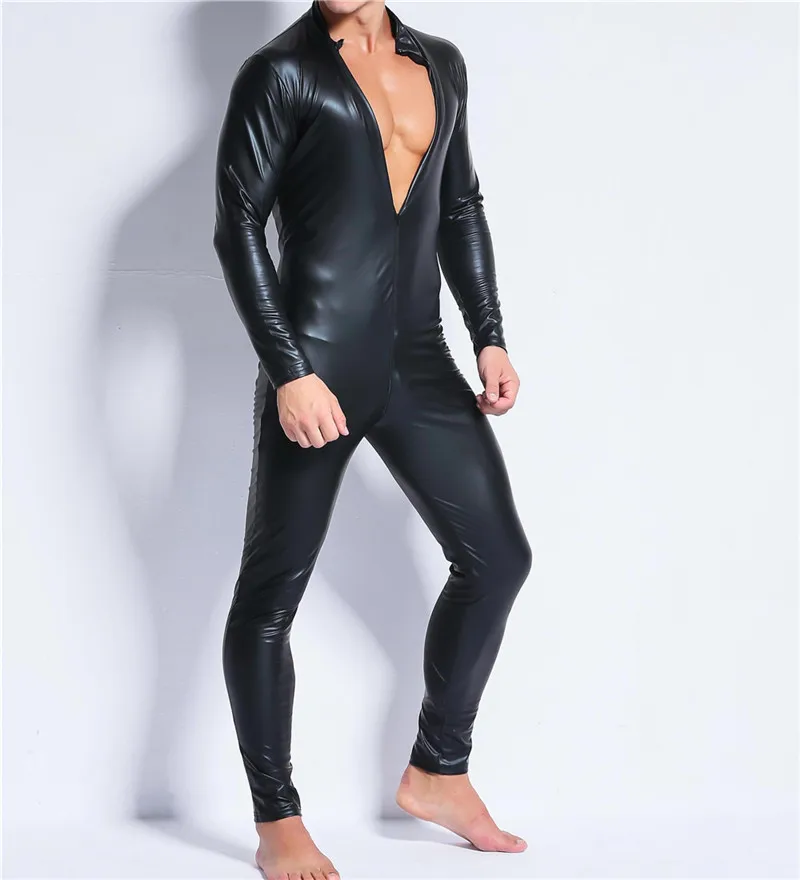 Plus M-4XL Strong Men Black PVC Leather Latex Bodysuits Top PU Sexy Zentai Catsuit Gay Male Leotard Open Crotch Zipper Jumpsuits