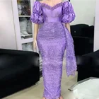 Женское вечернее платье-русалка, платье лавандового и фиолетового цвета с полурукавами, расшитое бисером, юбка-годе, платье для выпускного вечера, кружевное платье в арабском стиле, со складками