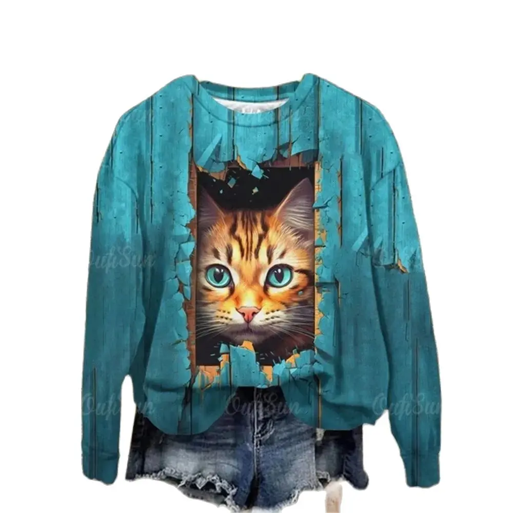 

Spring Kawaii's Cat Women Hooded Round Neck Sweatshirt Woman Casual Long Sleeved Pullover tops Harajuku Oversized Hoodies Y2K
