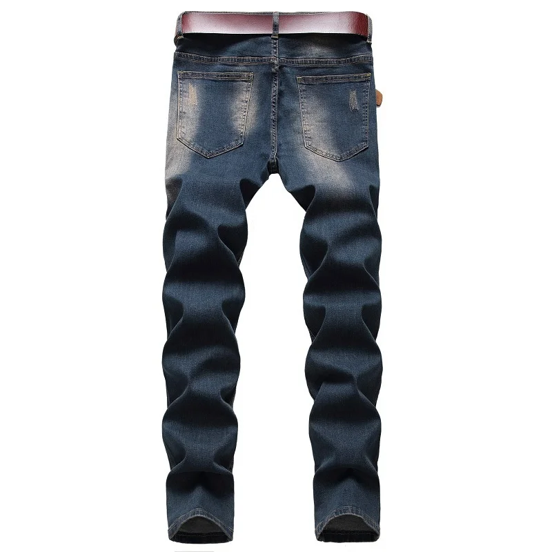 

Мужские рваные потертые зауженные прямые джинсовые брюки синие лоскутные джинсы брендовая одежда