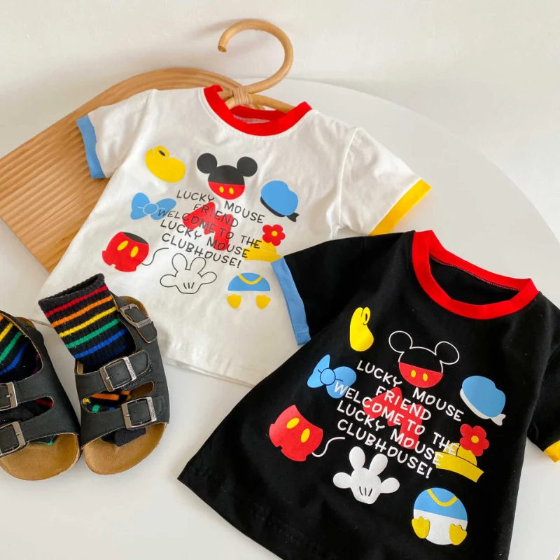 

Детская одежда 2023, летняя футболка для мальчиков и девочек с мультяшным графическим принтом и рукавами «Микки Маус»