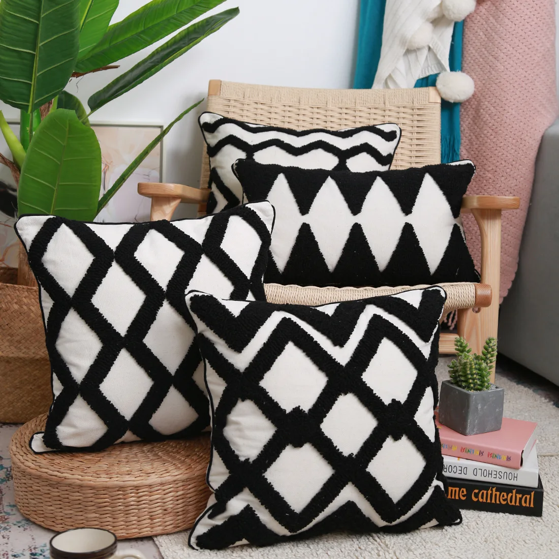 

Ворсовый чехол для подушки 30x50 45x45 см в марокканском стиле, черно-белая Подушка с геометрической вышивкой, чехол для дивана, спальни, домашни...