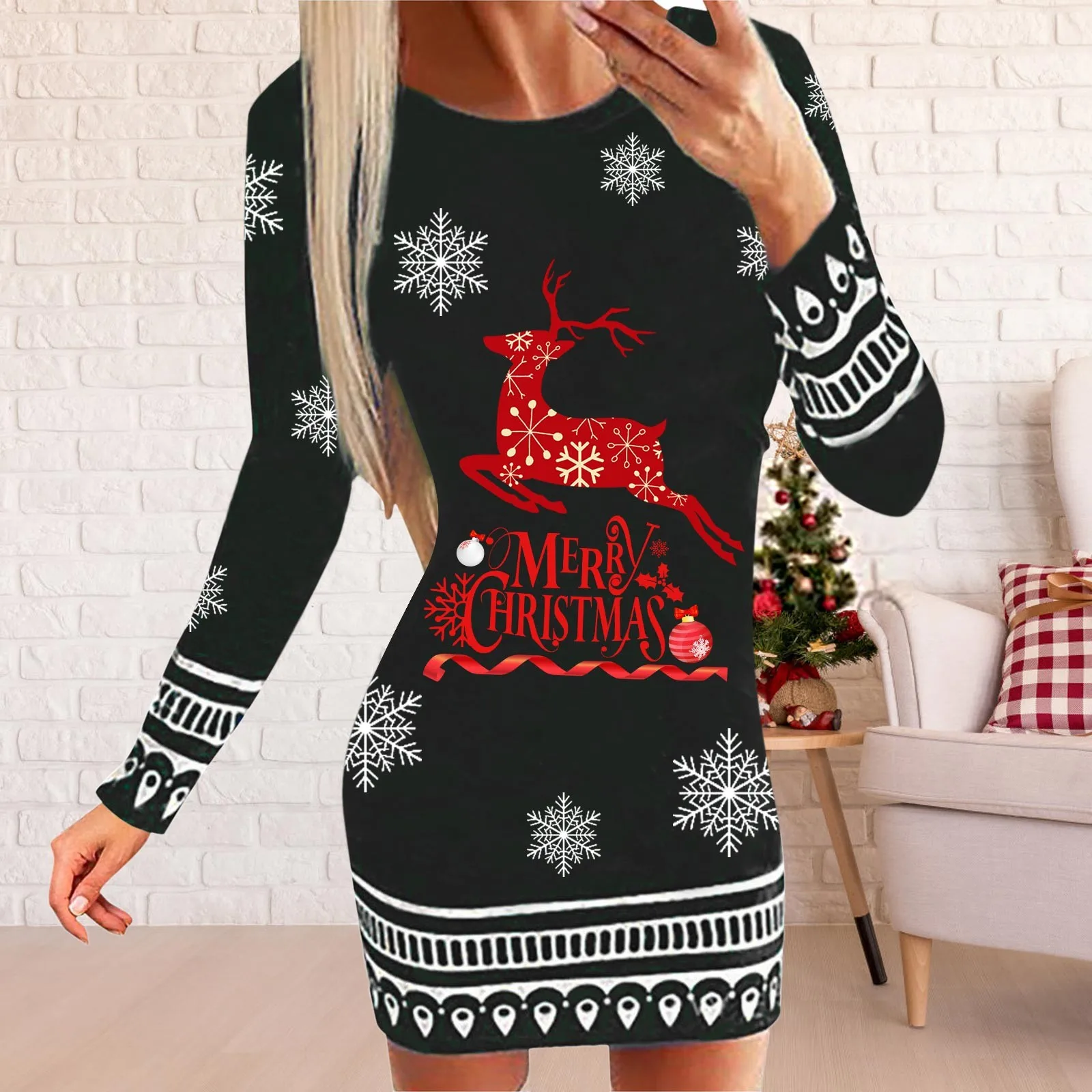 Купи Women Fashion Dresses 2023 New Year Long Sleeve Round Neck Dress Christmas Print Casual Party Dresses Santa Xmas Mini Robe Mujer за 366 рублей в магазине AliExpress