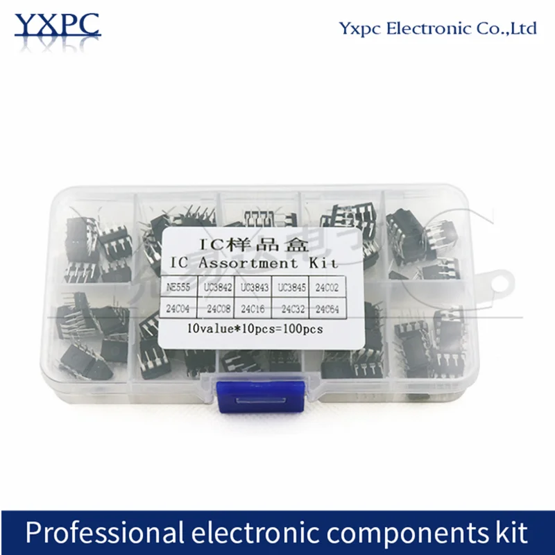 

10values*10pcs=100pcs DIP IC Kit NE555 UC3842 UC3843 UC3845 24C02 24C04 24C08 24C16 24C32 24C64 IC Chip Assortment Kit with Box