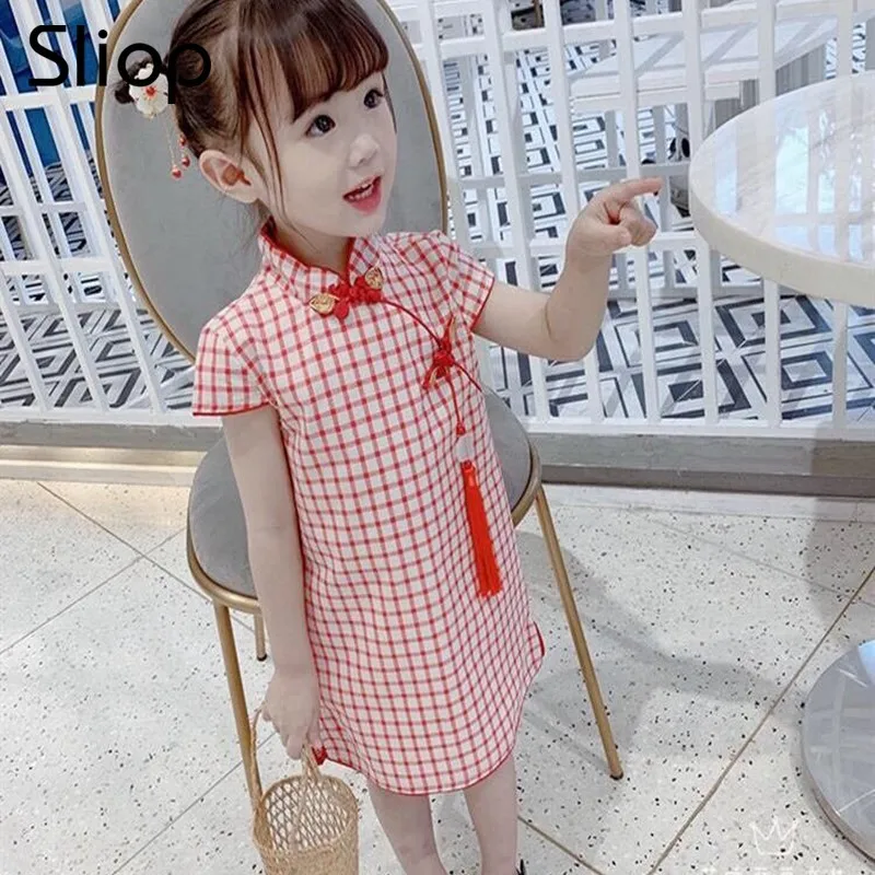 Фото Летний Cheongsam для маленьких девочек, летний улучшенный костюм Тан в китайском стиле в стиле ретро, детское облегающее платье, одежда для дня рождения №3