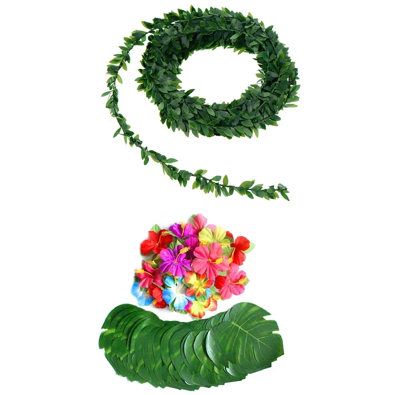 

60 шт. 8-дюймовые тропические пальмы листья монстеры и цветы гибискуса и 1X 7,5 м искусственный Плющ гирлянда листва зеленые листья