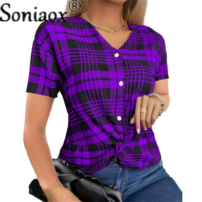 Женская блузка с коротким рукавом V-образным вырезом и принтом в клетку |
