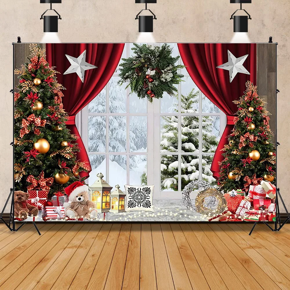 SHENGYONGBAO Christmas Tree Flower Wreath Wooden Gift Photography Backdrop Window Snowman Cinema New Year Background Prop GH-78