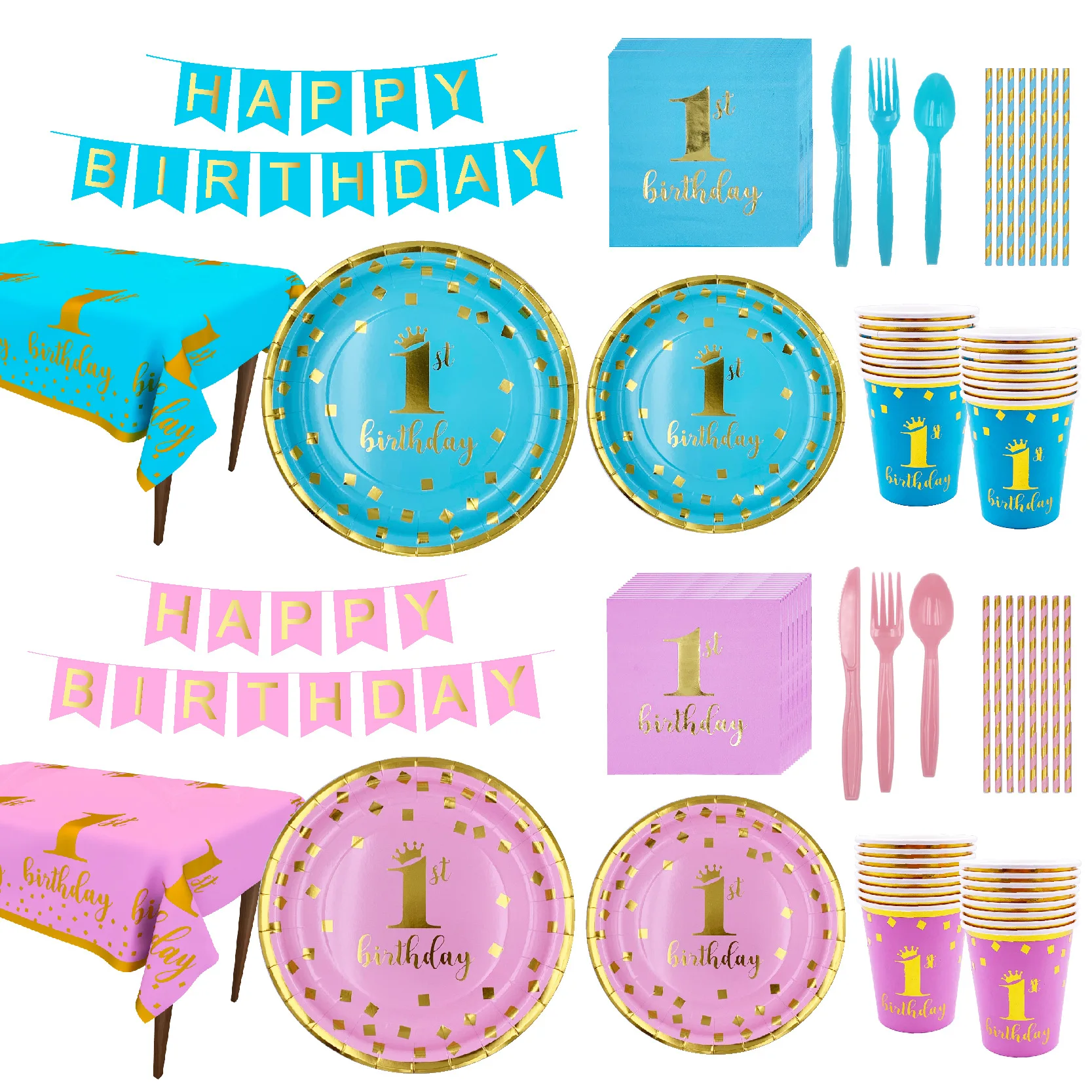 

First Birthday Party Disposable Tableware Set Powder Blue Plate Straw Napkin Paper Cup Baby Birthday Party Decorations