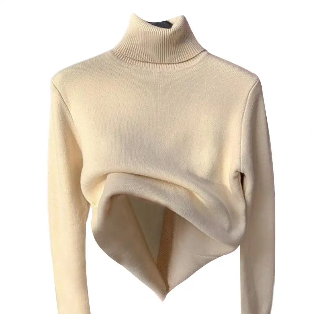 

Turtleneck Long Sleeves Ribbed Trim Thickened Women Knitwear Winter Solid Color Fleece Lining Bottoming Turtleneck Sweater