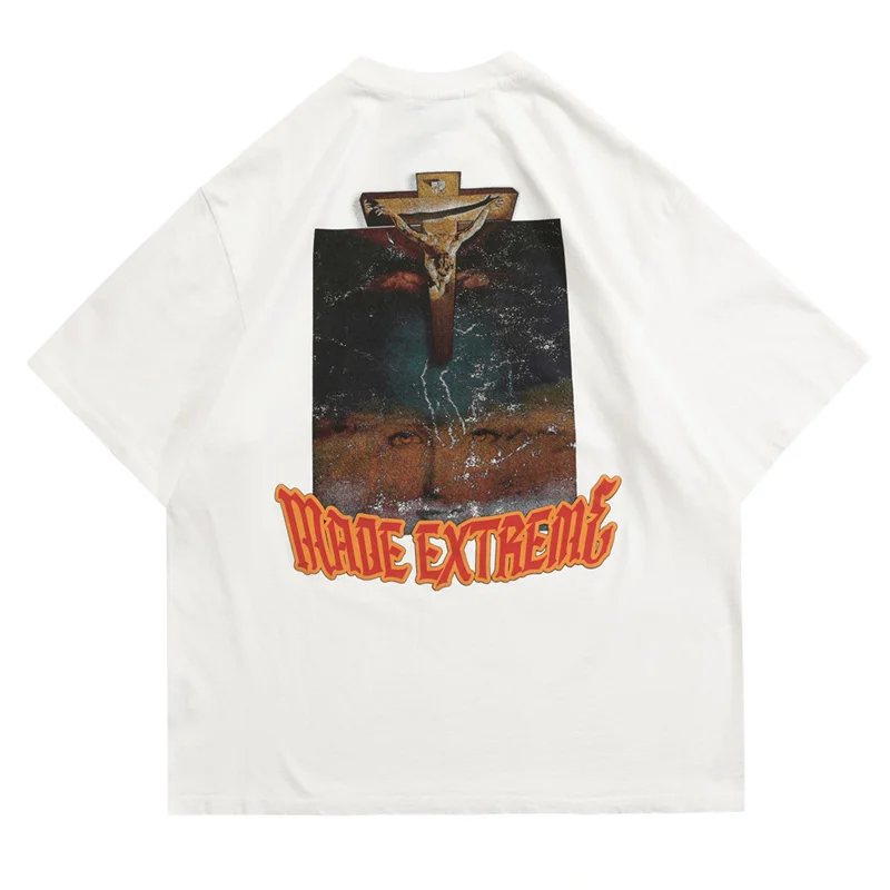 

2022 Hip Hop Gothic Streetwear T Shirt Letter Cross Print Vintage Graphic T Shirts Summer Harajuku Cotton Short Sleeve Tops