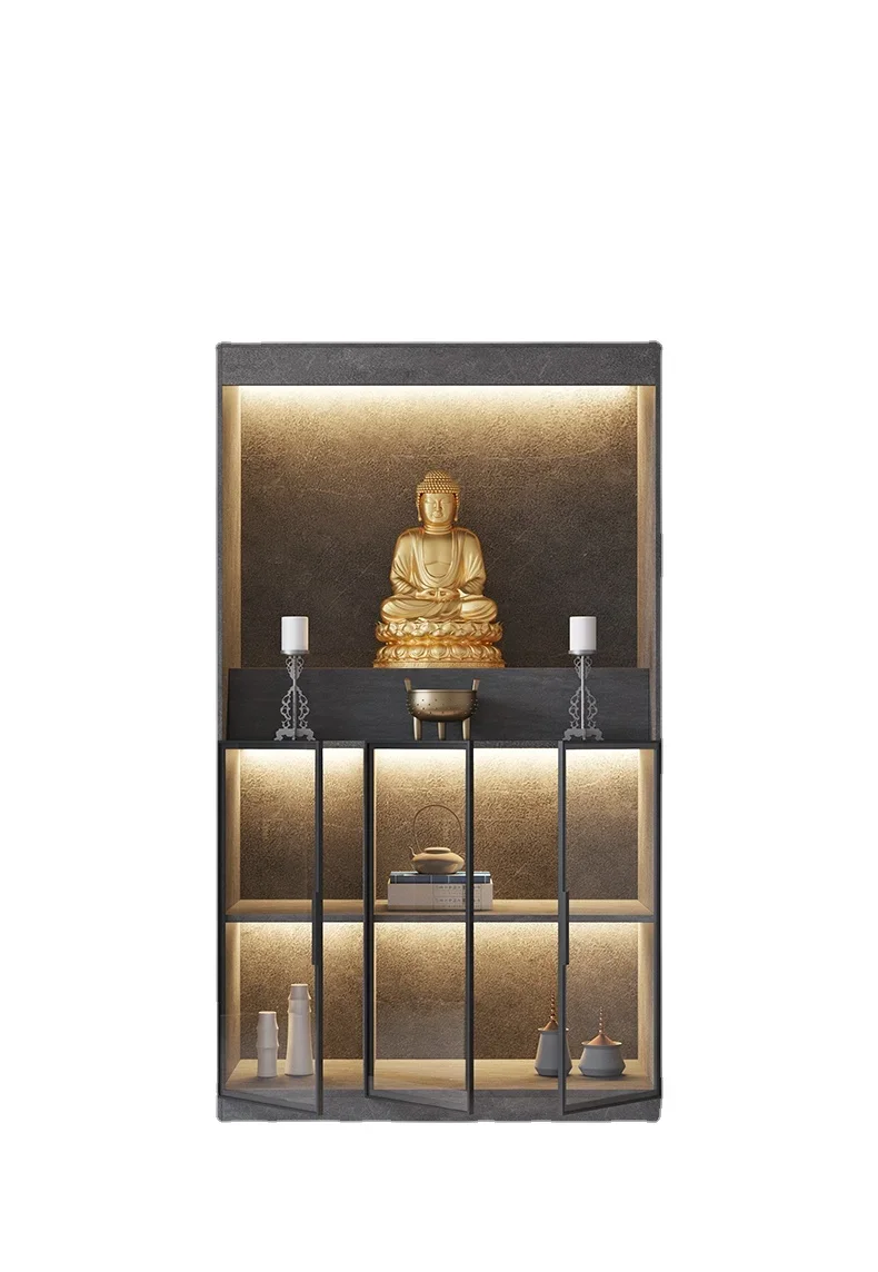 

Qf Buddha Shrine Altar Sets of God of Wealth Guanyin Guan Gong License Glass Door Buddha Cabinet
