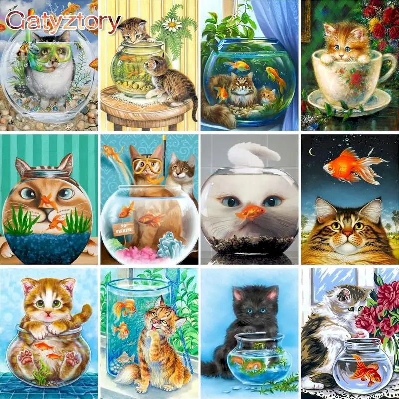 

GATYZTORY 60×75cm Animal Painting By Numbers Cat And Fish Canvas Drawing Handpainted Kits Acrylic Paints Home Decor Wall Artwork