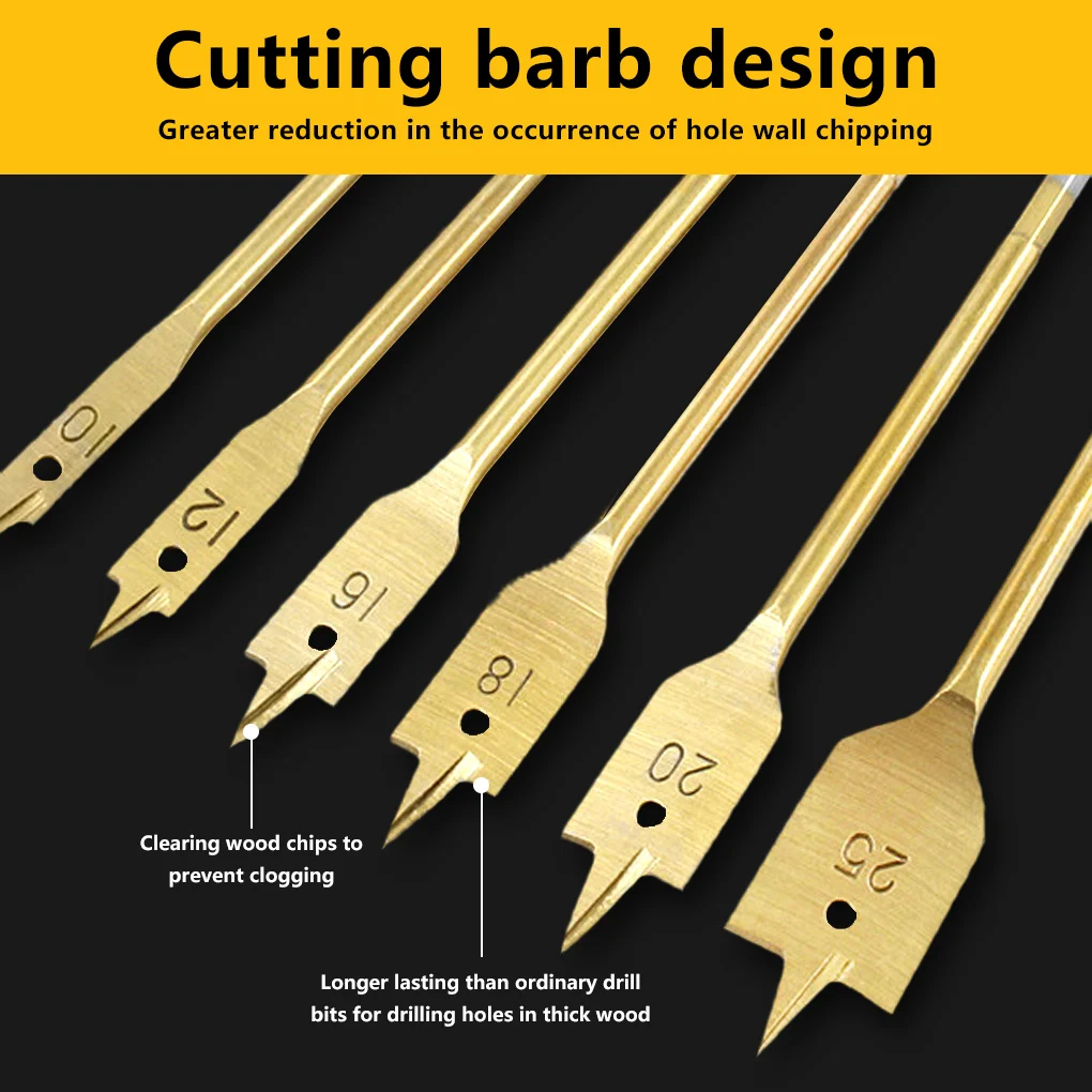 

6 Pieces Wood Drills Bit Carbon Steel Woodworking Accessory Power Coating Handrill Spade Hex Shank Carpentry Gadgets