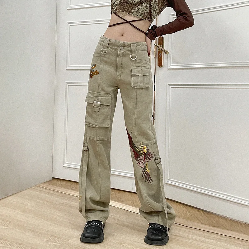 

Y2K Clothes Track Pants Baggy Cargo Pants Khaki Embroidery Streetwear Women Loose Straight Leg Jeans Floor Length SweatPants