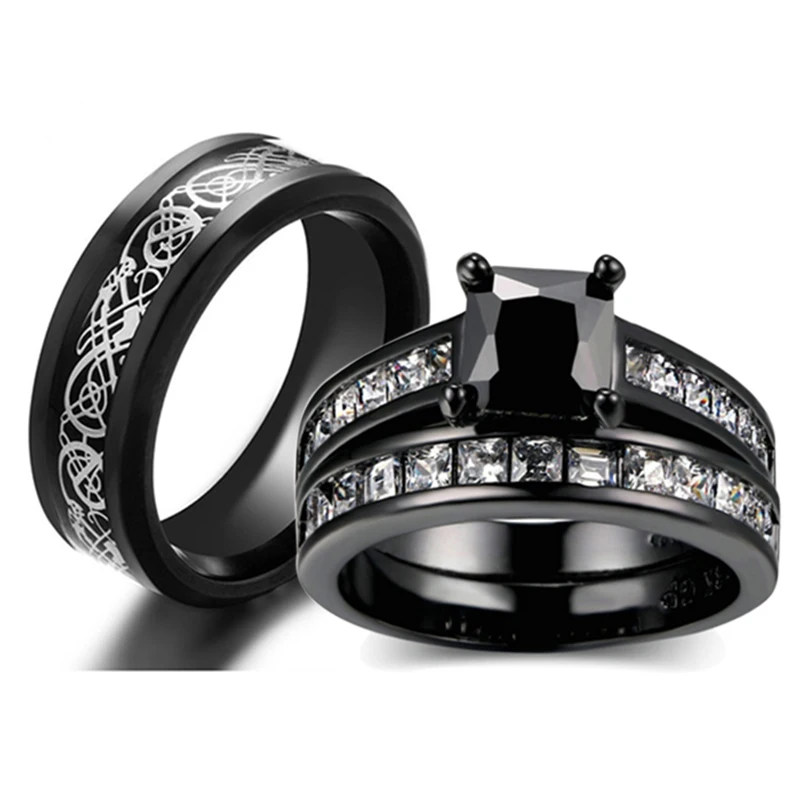 

2023 Trendy Black Couple Rings For Lover Jewelry Fashion Stainless Steel Men Ring Cute Women Rhinestones Zircon Rings Set
