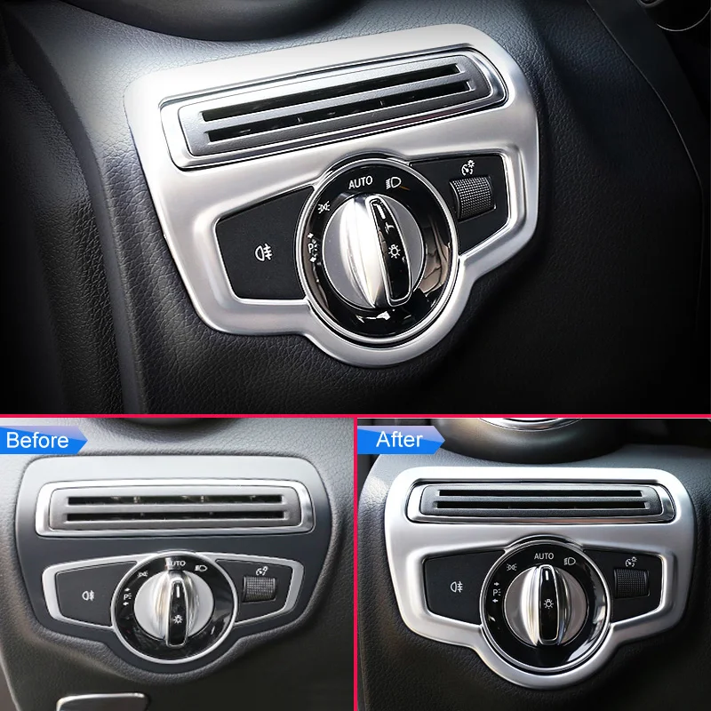 Фото Для Mercedes-Benz C/GLC-класса X253 C253 W205 2017-2021: Декоративная накладка на рамку переключателя фар, матовый хром №2