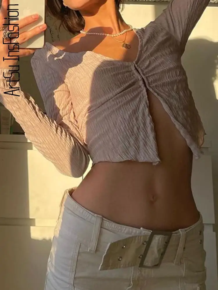 

Long Sleeve T-shirts Women Skinny Crop Tops V Neck Cut Out Tee Autumn Winter Clothes Party Club 2022 Sexy Top