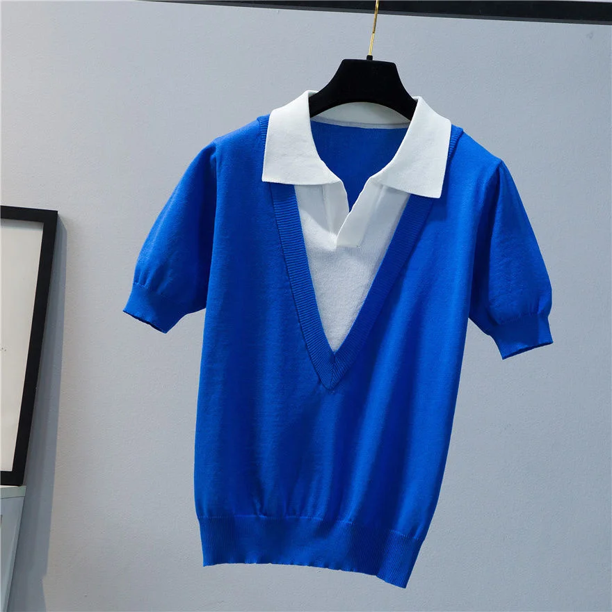 

New Summer Short Sleeve Women's Lapel Pullover Casual Knit Double V Tops Fashion Fake Two Piece Top Knitwear Femme