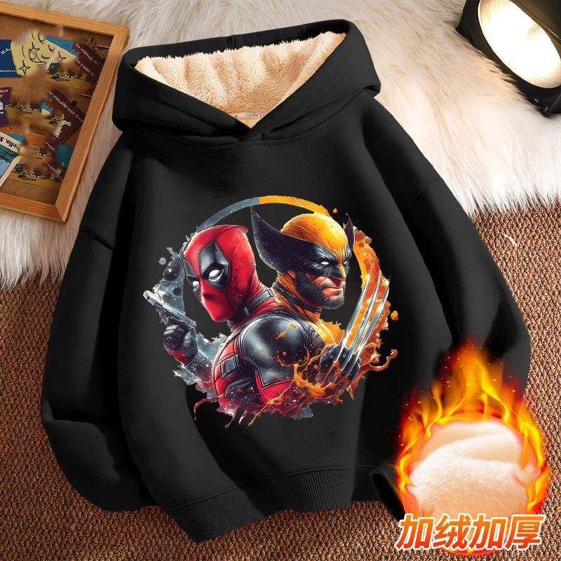 Deadpool &amp Wolverine Boys Hoodies Marvels Winter Anime Sweatshirt Kids Thickening Action Figures Pullover Children Warm Clothes