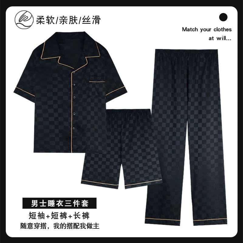 

3 Piece Men Pajamas Set Ice Silk Nightwear Short Sleeved Sleepwear Summer Sleep Clothing Satin Button Plus Size Male Nighties Su