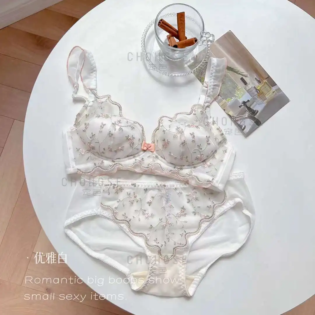 

Sexy brassiere thin lingerie briefs embroidery flower lace no steel ring gather bra underwear breathable adjusted bralette set