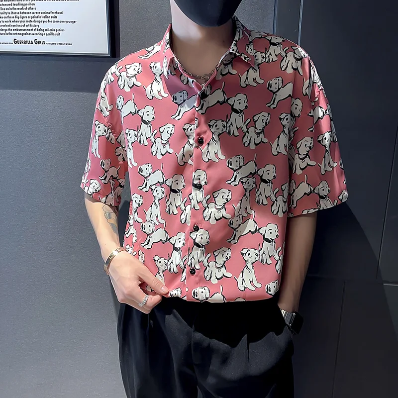 Fun Cartoon Print Shirt Men 2022 Summer Short Sleeve Slim Casual Shirt Loose Streetwear Oversized Tops Social Party Men Clothing