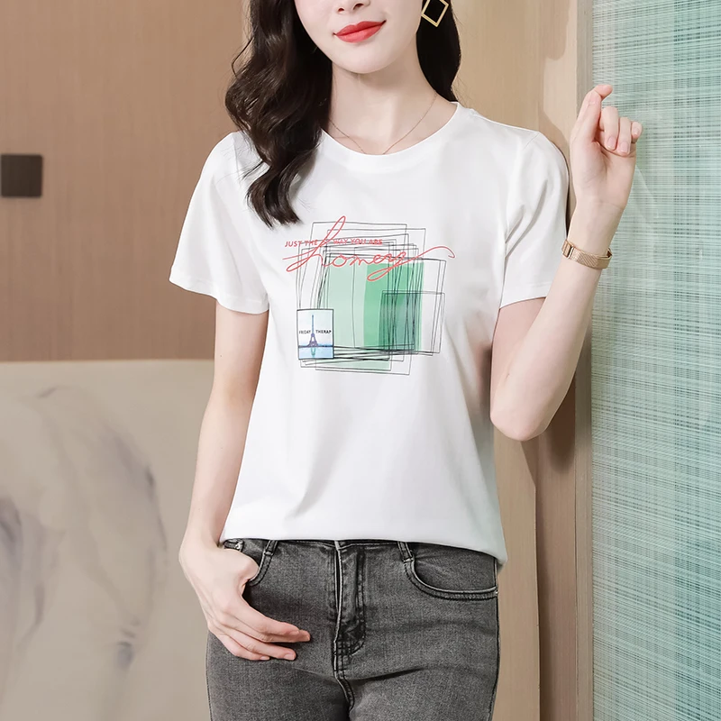 

Silk Cotton Women's T-shirt Summer 2023 New Printed Loose Tees Short Sleeves Tops Patchwork O-neck Ladies Clothing YCMYUNYAN