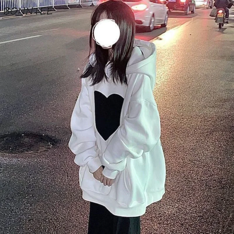 

Hoodies Women Clothes Baggy Preppy Hooded Girlish Kawaii Japanese Stylish Students Thicken Winter Outwear Designer Heart-Print