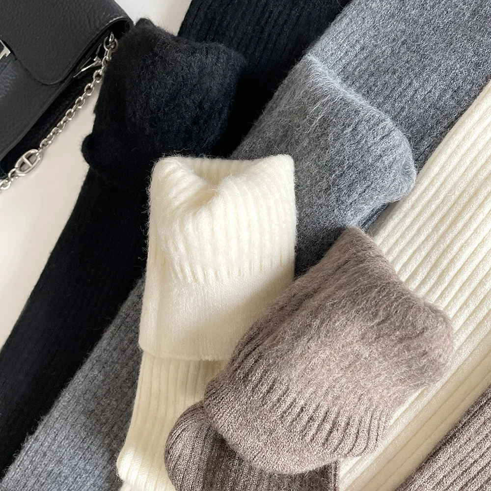 Women Cashmeret High Socks Stockings 2023 Autumn Winter Solid Color Plus Velvet Soft Students Warm Casual Knee Long HoseHosiery