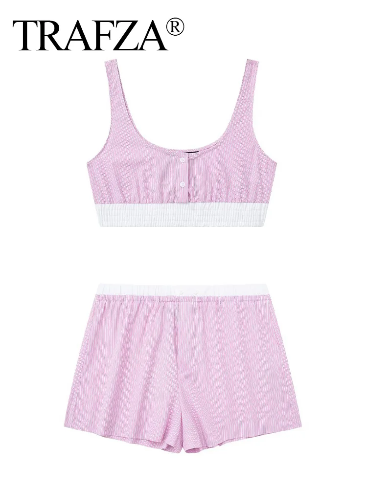 

Женский костюм в полоску TRAFZA, летний комплект из 2-х предметов, короткий жилет без бретелек и шорты с эластичным поясом