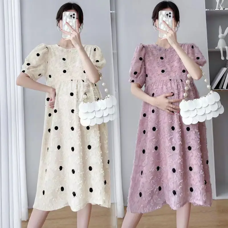 Enlarge Pregnant Women Clothes Cute Puff Sleeve Hot Mom Clothing Pregnancy Summer Dress Maternity  Pure And Fresh Wearing New