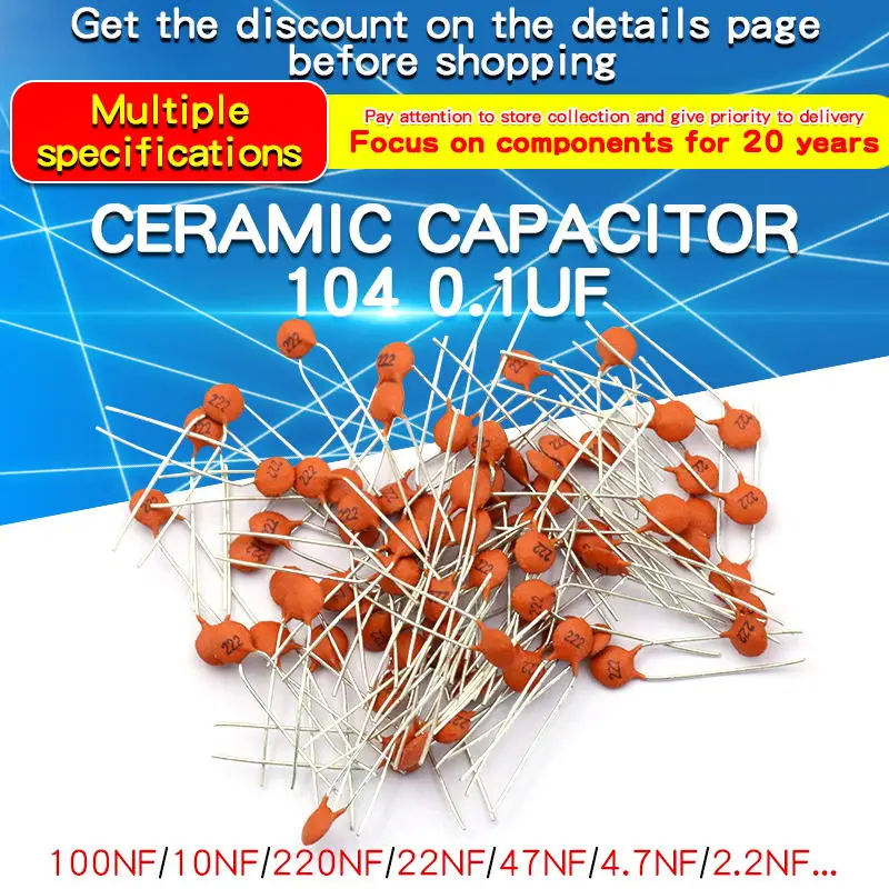 

100pcs Ceramic Capacitor 104 0.1uF 100PF 50V 30PF 103 0.01UF 22P 102 20PF 50V