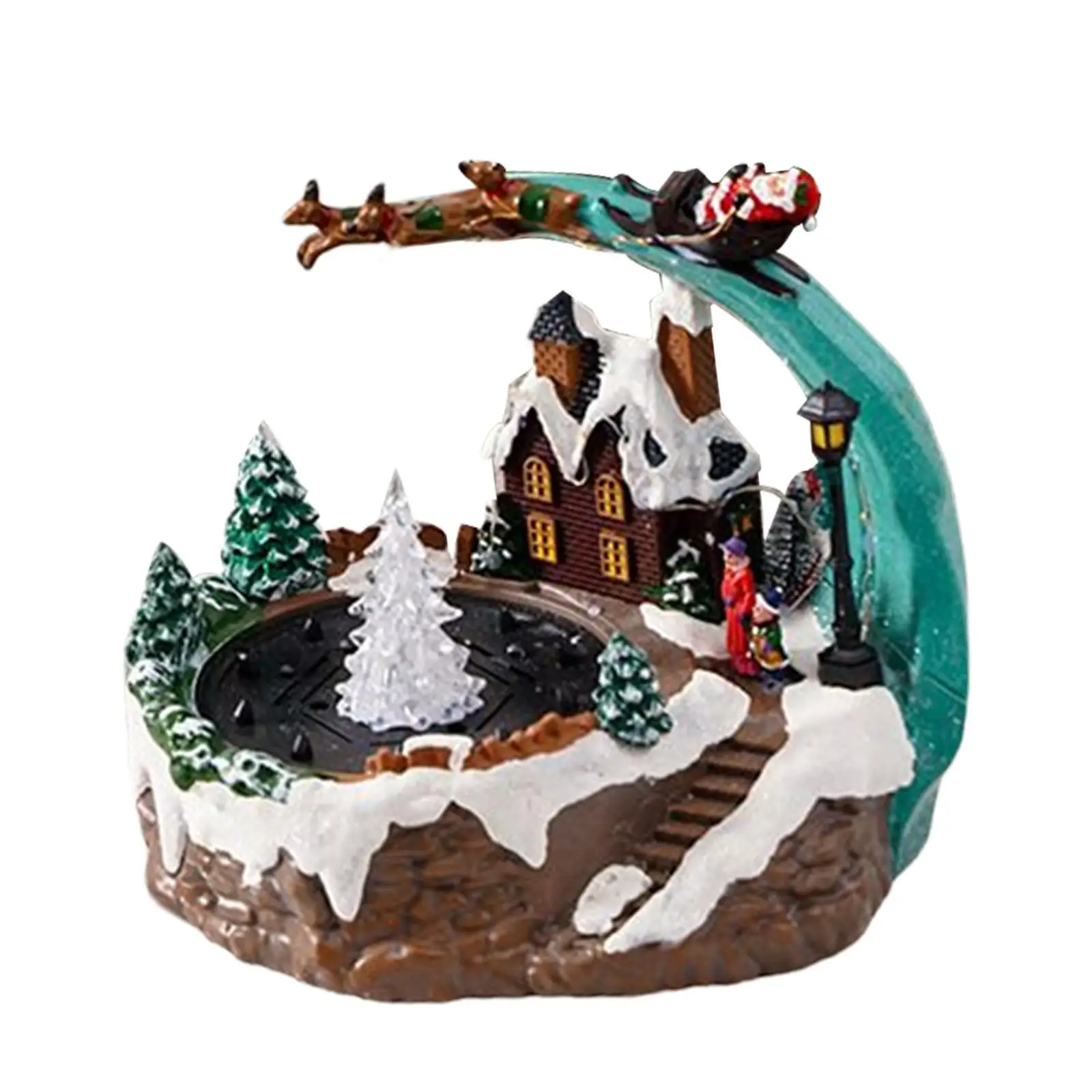 Creative Christmas Winter Snow Scene Village House Resin Music Fountain LED Figurine for New Year Indoor Xmas Bedroom Decoration