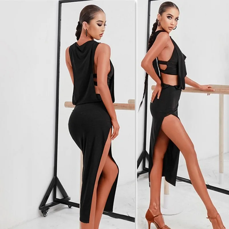 

black Latin salsa dress Samba tango blouse latin top bodysuit 2220