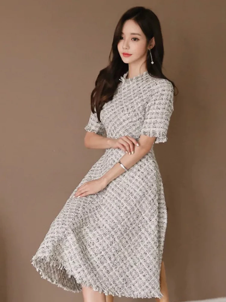 Women Fashion Chic Party Dress Luxury Casual Crew Neck Short Sleeve Plaid Slim Gown Robe Ladies Elegant A-Line Vestidos